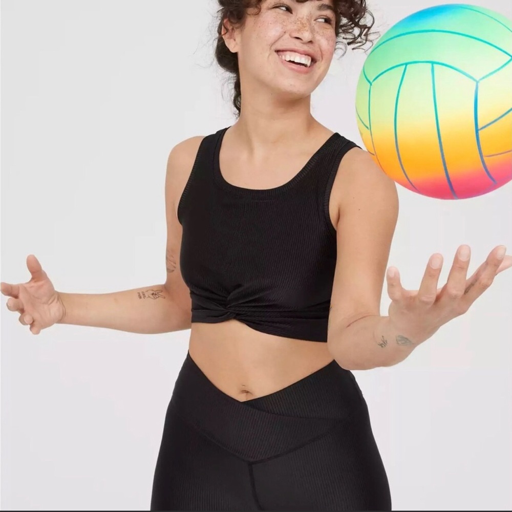 Offline by Aerie Twisted front black ribbed crop top in Black size Large